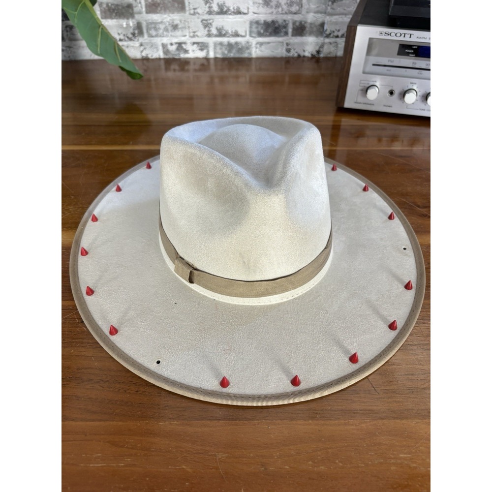 Summit Hats Cream Suede Fedora Wide Brim Spiked Cone Studs Feather Festival Sz L